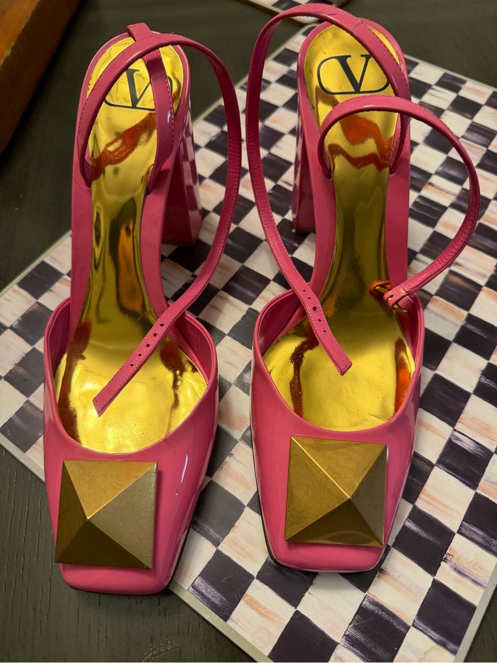 Valentino Hot Pink Patent Leather Slingback Heels with Gold Pyramid Detail